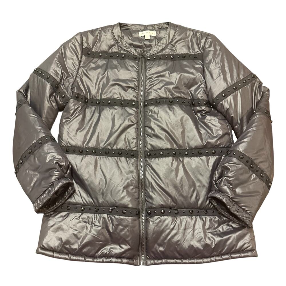 Patty Kim Womens black puffer coat with black grasgrain ribbon/bead, pockets XS